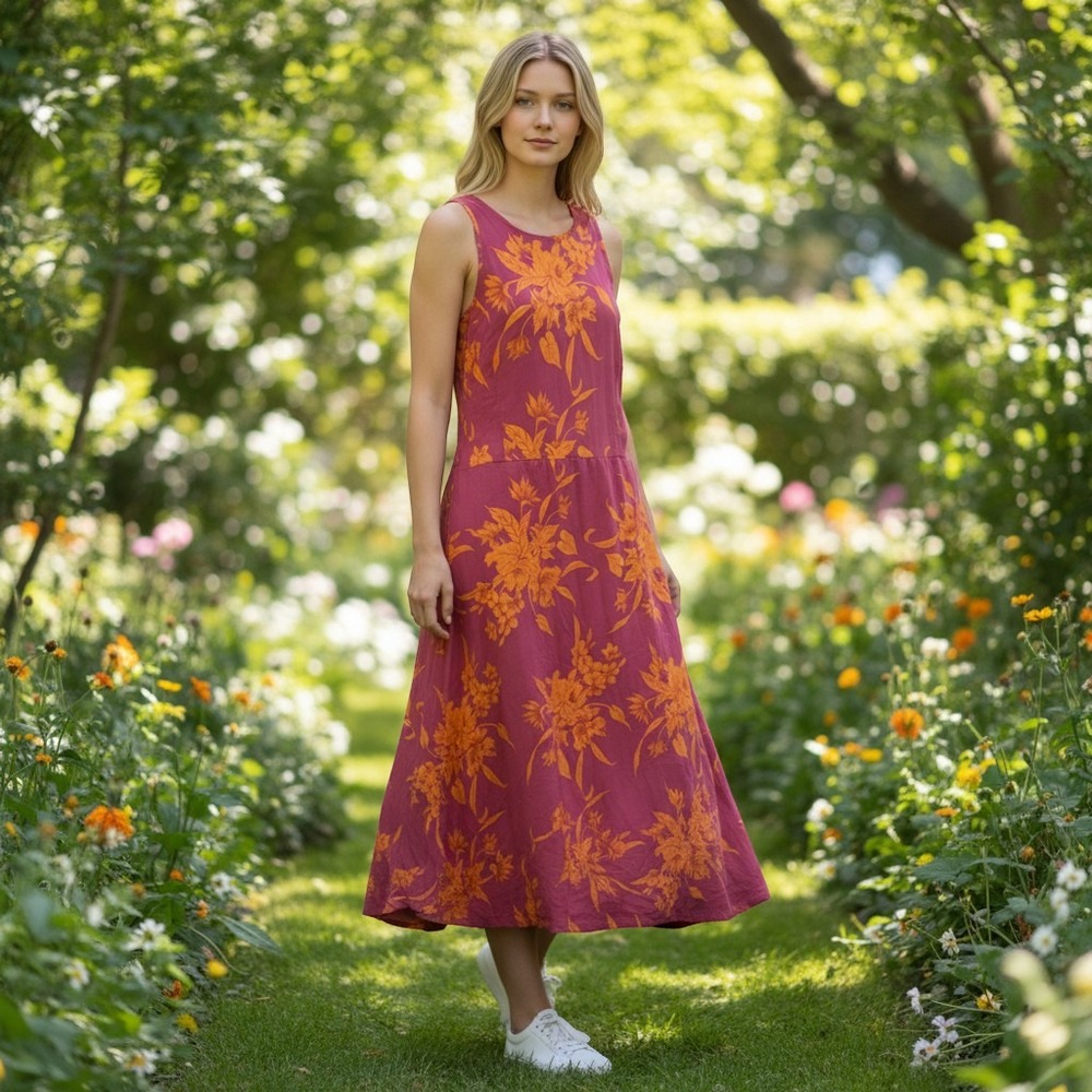 Toad&Co Womens Floral Open Back Maxi Dress Pink Orange Tropical Sleeveless L